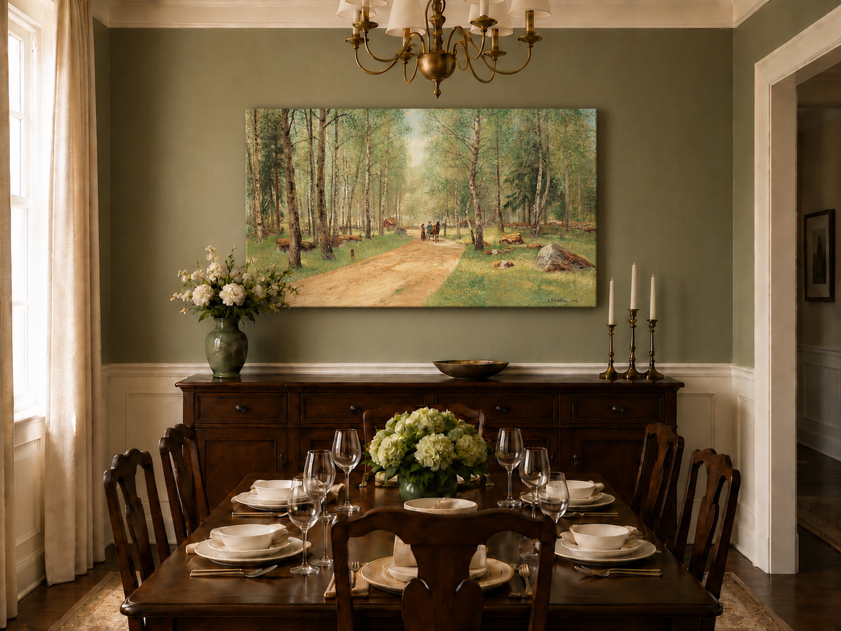 Peinture à l'huile de paysage - Chemin tranquille dans la forêt de bouleaux, personnages