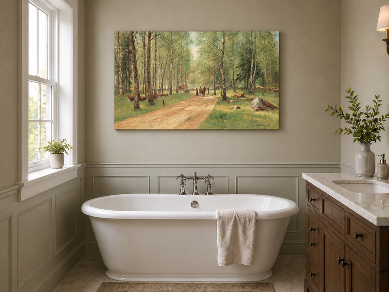 Peinture à l'huile de paysage - Chemin tranquille dans la forêt de bouleaux, personnages