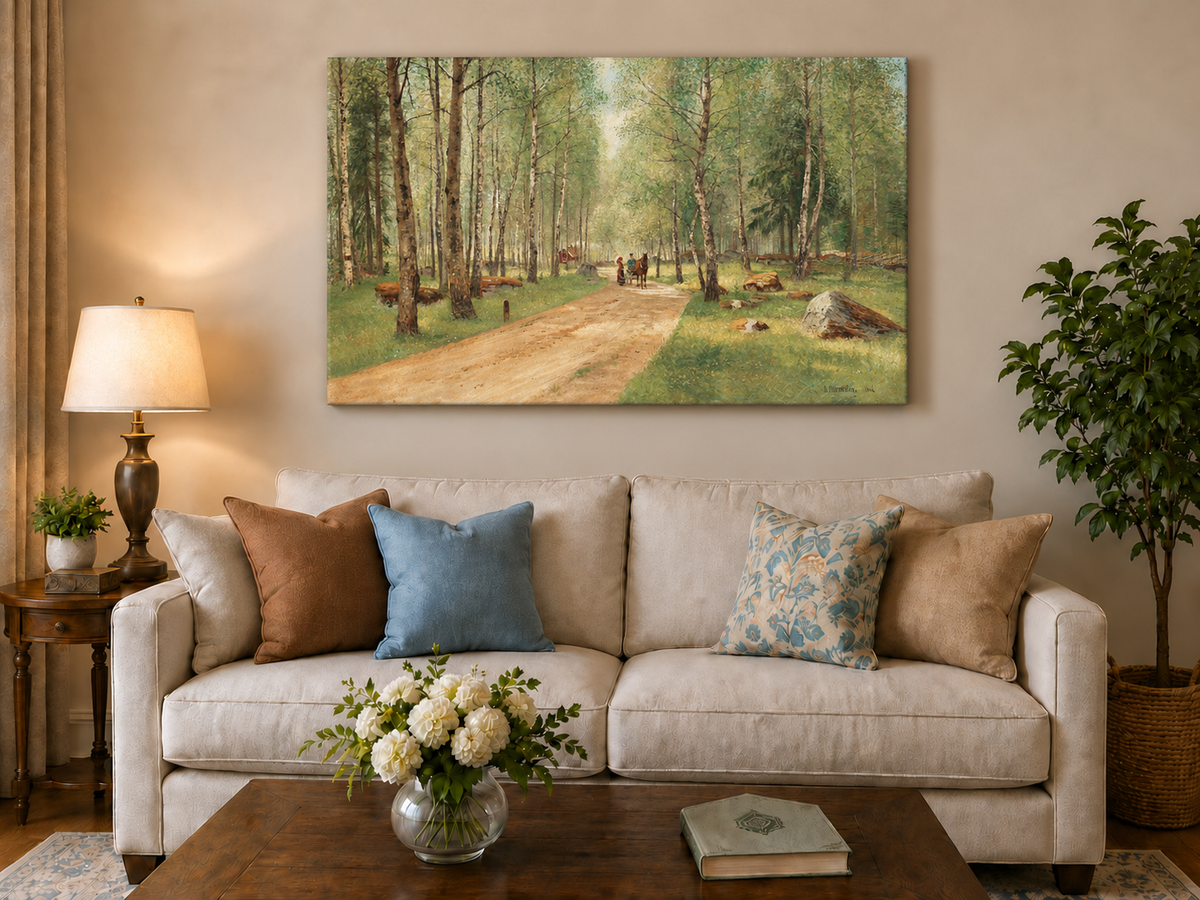 Peinture à l'huile de paysage - Chemin tranquille dans la forêt de bouleaux, personnages