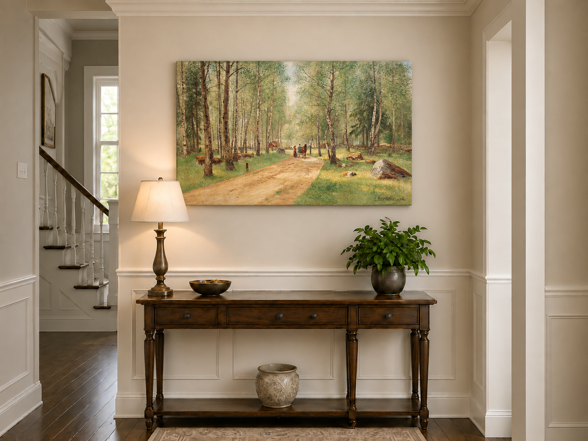 Peinture à l'huile de paysage - Chemin tranquille dans la forêt de bouleaux, personnages