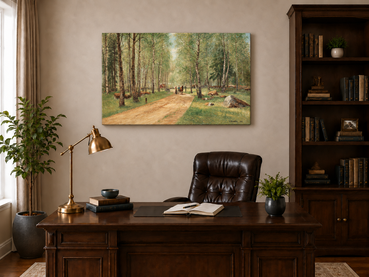 Peinture à l'huile de paysage - Chemin tranquille dans la forêt de bouleaux, personnages