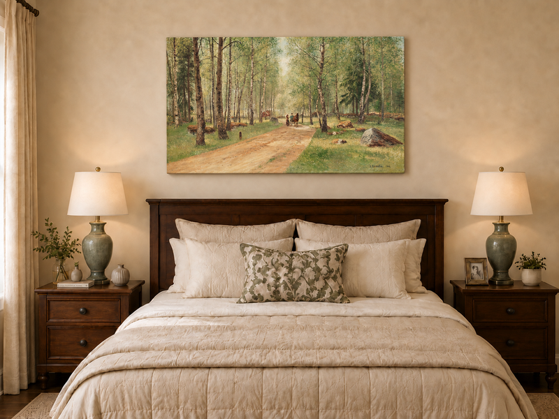 Peinture à l'huile de paysage - Chemin tranquille dans la forêt de bouleaux, personnages