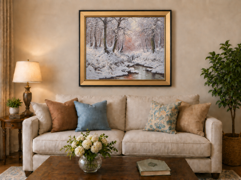 Ölgemälde Landschaft - Winterlicher Waldbach nach dem Schneefall