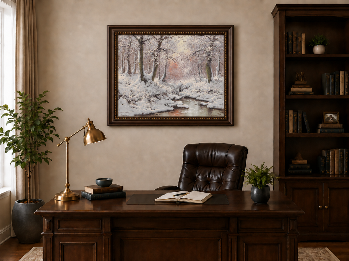 Ölgemälde Landschaft - Winterlicher Waldbach nach dem Schneefall