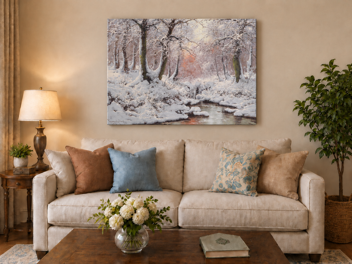 Ölgemälde Landschaft - Winterlicher Waldbach nach dem Schneefall