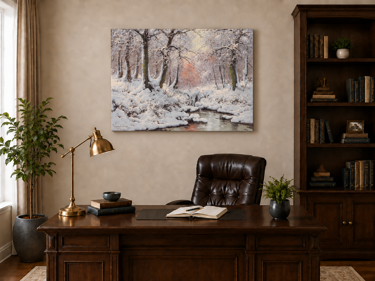 Ölgemälde Landschaft - Winterlicher Waldbach nach dem Schneefall