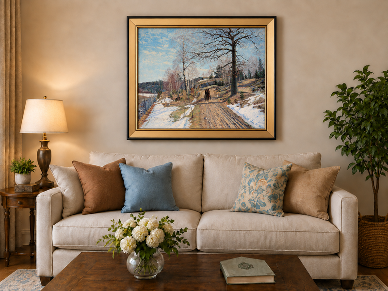 Landscape Oil Painting - Early Spring Country Road Horse