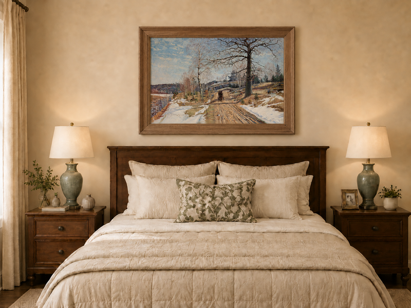 Landscape Oil Painting - Early Spring Country Road Horse