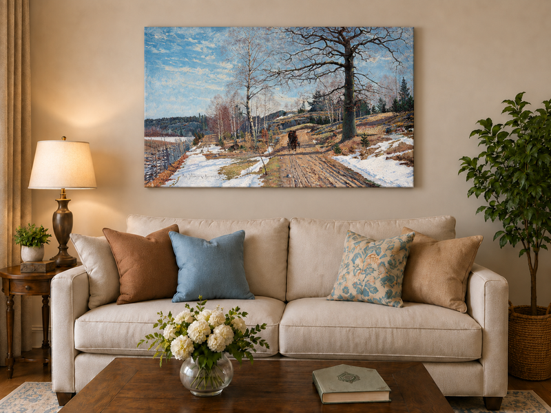 Landscape Oil Painting - Early Spring Country Road Horse