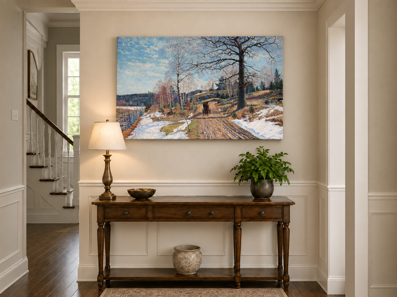 Landscape Oil Painting - Early Spring Country Road Horse