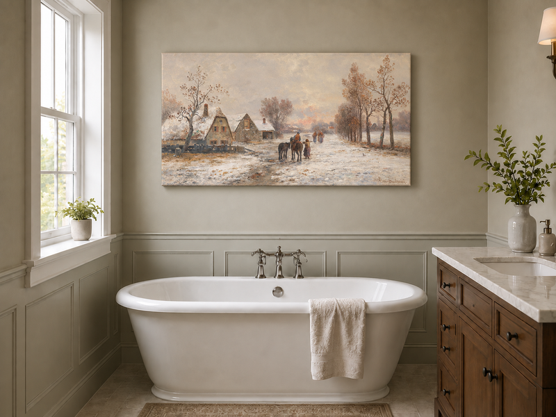 Landscape Oil Painting - Snowy Village Road with Figures