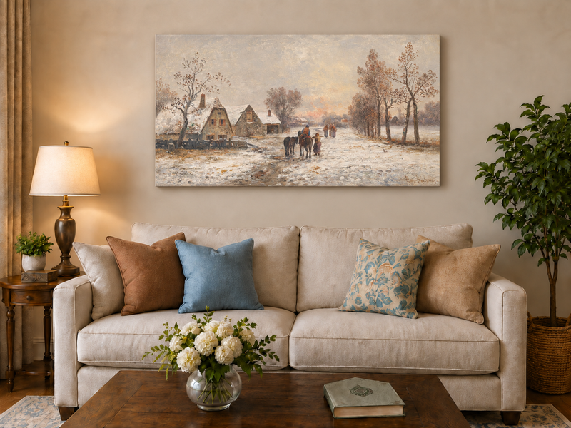 Landscape Oil Painting - Snowy Village Road with Figures