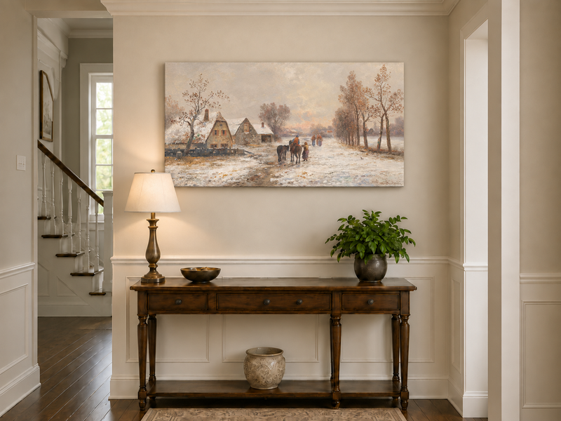 Landscape Oil Painting - Snowy Village Road with Figures