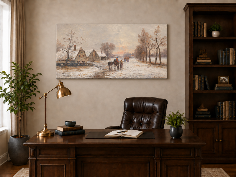 Landscape Oil Painting - Snowy Village Road with Figures