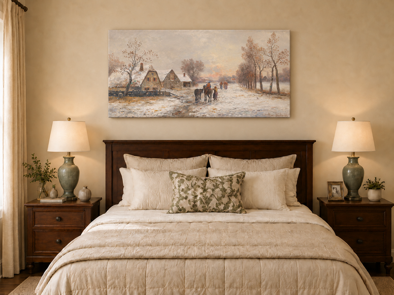 Landscape Oil Painting - Snowy Village Road with Figures
