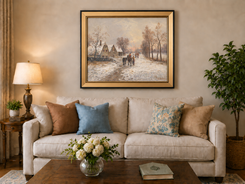 Landscape Oil Painting - Snowy Village Road with Figures