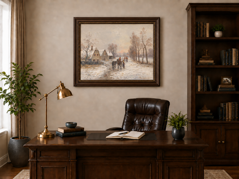 Landscape Oil Painting - Snowy Village Road with Figures