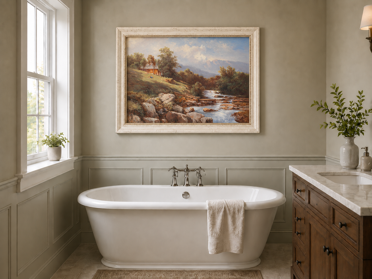 Peinture à l'huile de paysage - Cabane au bord de la rivière avec cascade