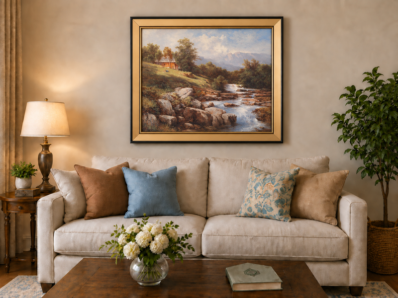 Peinture à l'huile de paysage - Cabane au bord de la rivière avec cascade