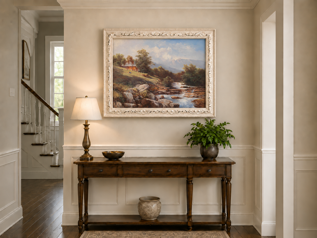Peinture à l'huile de paysage - Cabane au bord de la rivière avec cascade