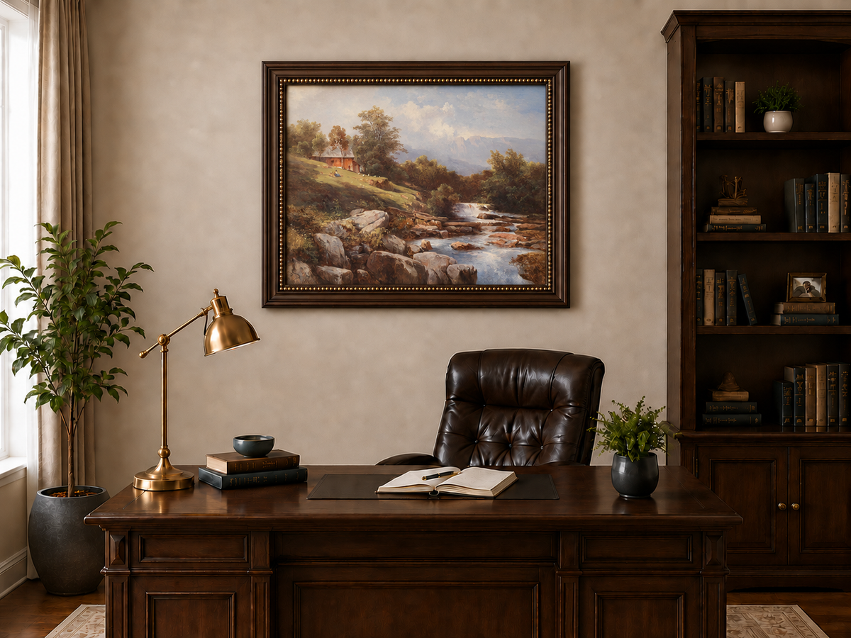 Peinture à l'huile de paysage - Cabane au bord de la rivière avec cascade