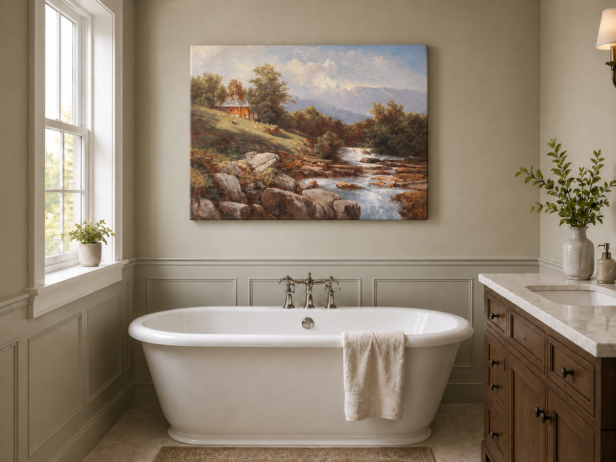 Peinture à l'huile de paysage - Cabane au bord de la rivière avec cascade