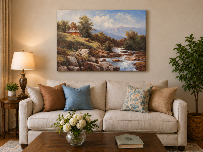 Peinture à l'huile de paysage - Cabane au bord de la rivière avec cascade