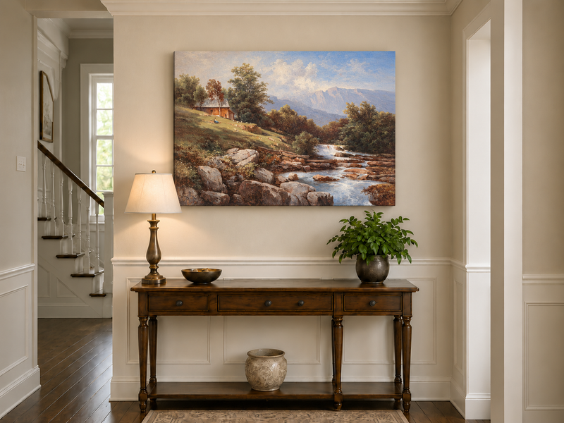 Peinture à l'huile de paysage - Cabane au bord de la rivière avec cascade