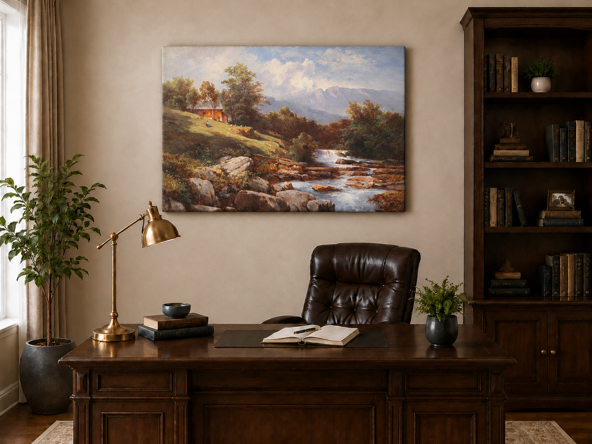 Peinture à l'huile de paysage - Cabane au bord de la rivière avec cascade