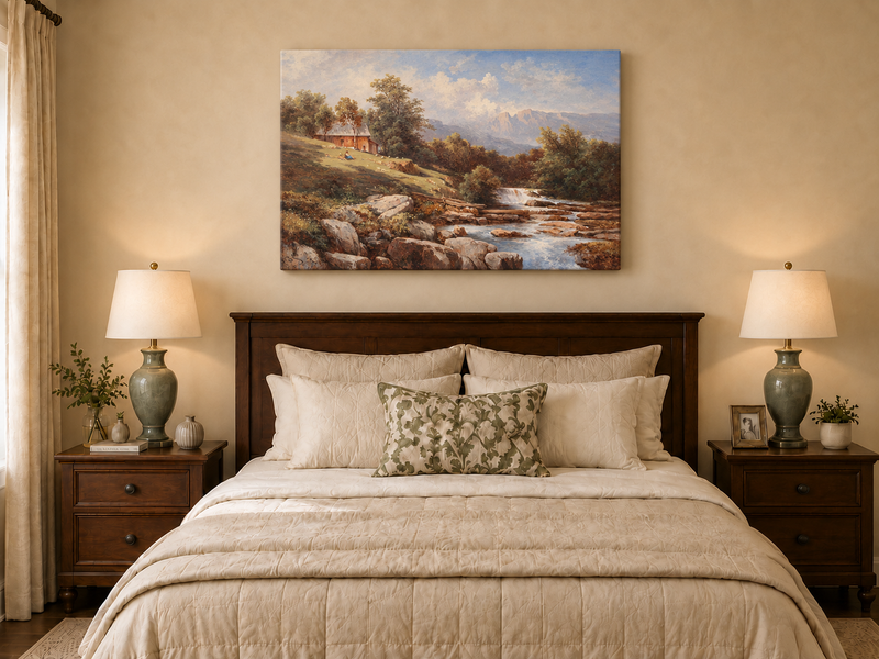 Peinture à l'huile de paysage - Cabane au bord de la rivière avec cascade