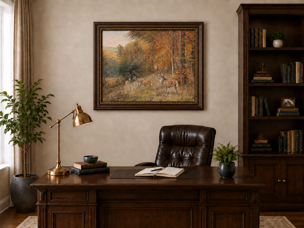 Landschaftsölgemälde – Herbstwaldszene mit Hirschen