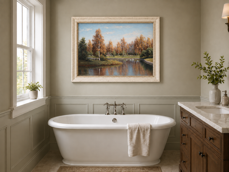 Peinture à l'huile de paysage - Parc de bouleaux d'automne au bord du lac