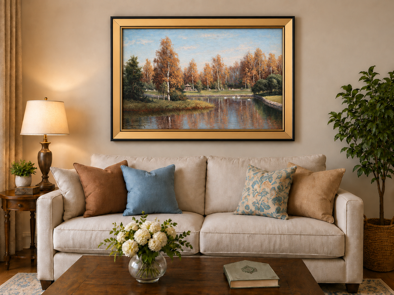 Peinture à l'huile de paysage - Parc de bouleaux d'automne au bord du lac