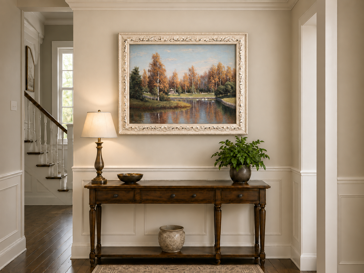 Peinture à l'huile de paysage - Parc de bouleaux d'automne au bord du lac