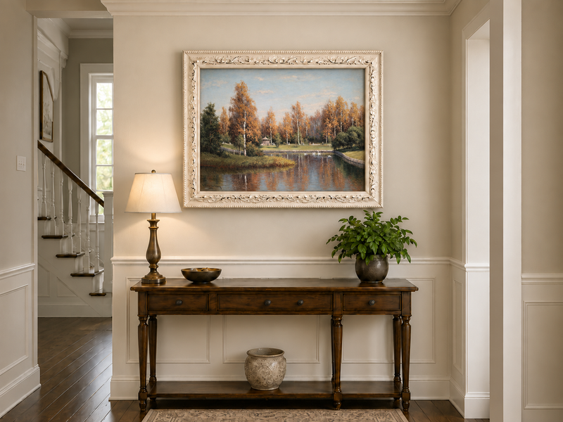 Peinture à l'huile de paysage - Parc de bouleaux d'automne au bord du lac