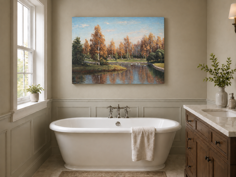 Peinture à l'huile de paysage - Parc de bouleaux d'automne au bord du lac