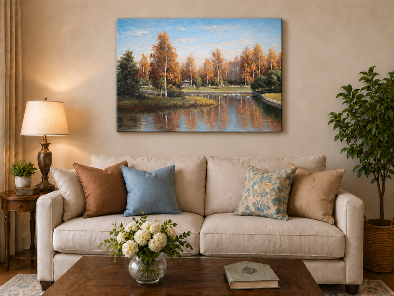 Peinture à l'huile de paysage - Parc de bouleaux d'automne au bord du lac