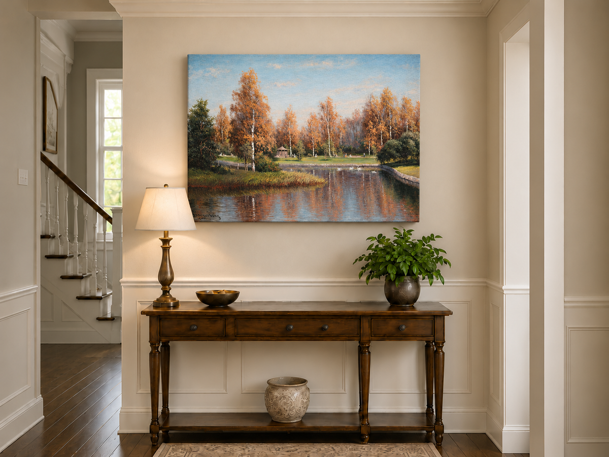 Peinture à l'huile de paysage - Parc de bouleaux d'automne au bord du lac