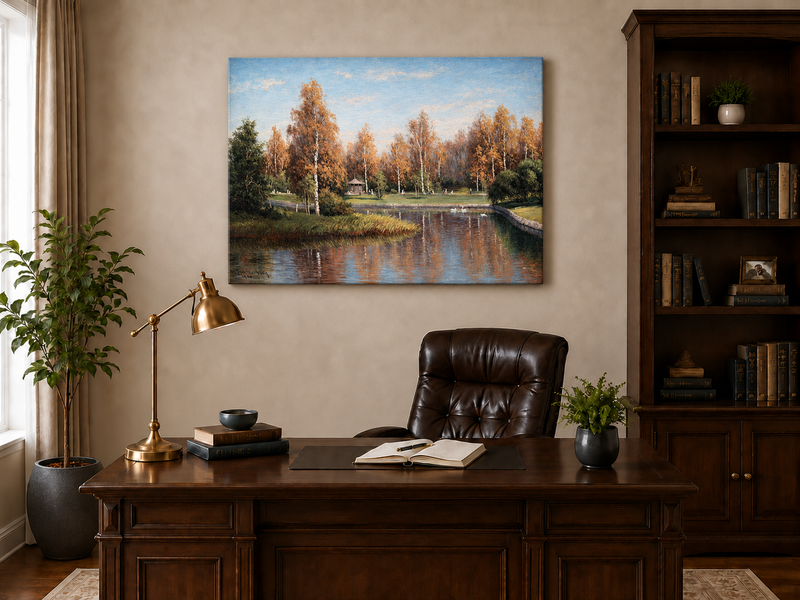 Peinture à l'huile de paysage - Parc de bouleaux d'automne au bord du lac