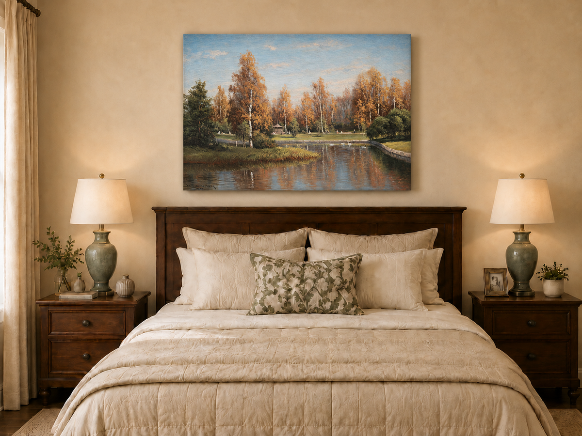 Peinture à l'huile de paysage - Parc de bouleaux d'automne au bord du lac