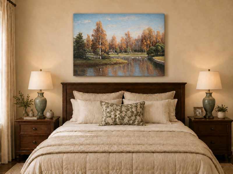 Peinture à l'huile de paysage - Parc de bouleaux d'automne au bord du lac
