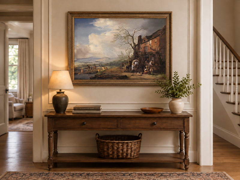 Landscape Oil Painting - Riverside Inn with Horses and Figures