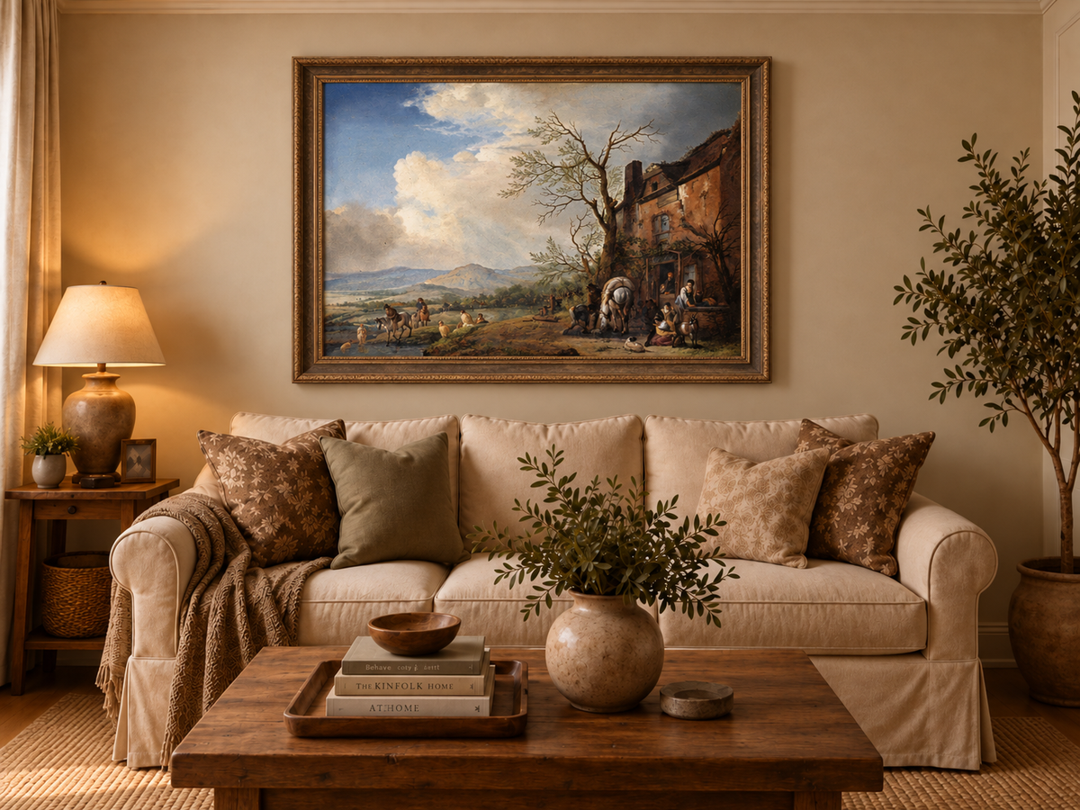 Landscape Oil Painting - Riverside Inn with Horses and Figures