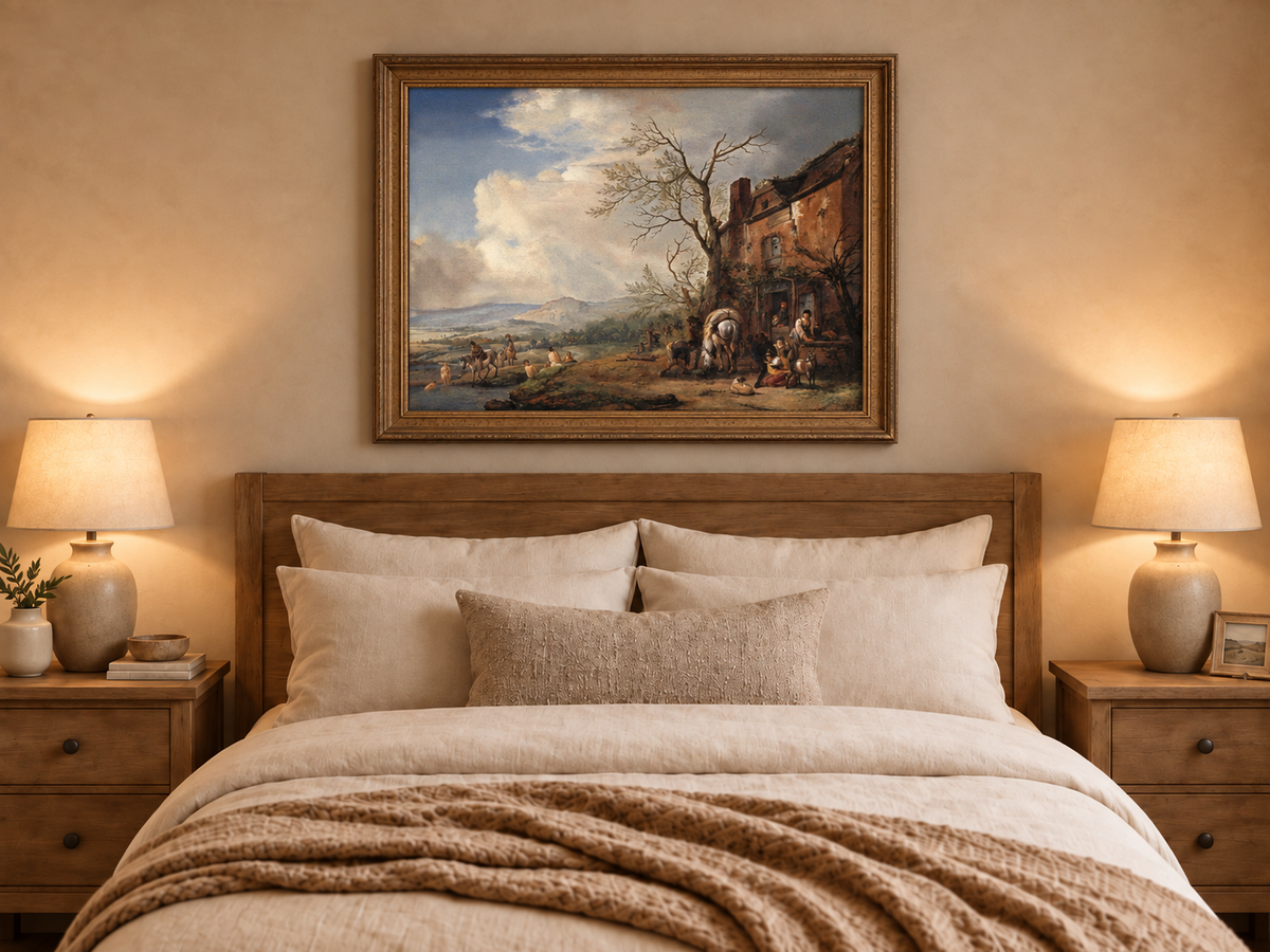 Landscape Oil Painting - Riverside Inn with Horses and Figures