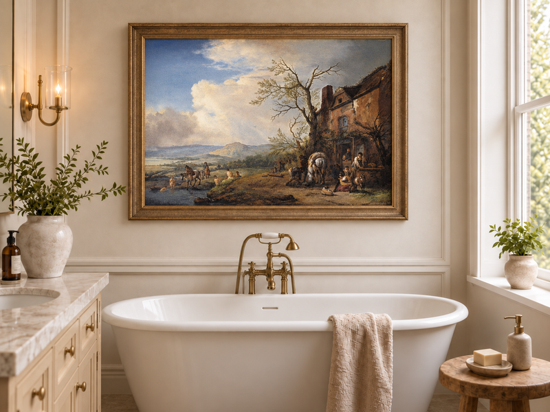 Landscape Oil Painting - Riverside Inn with Horses and Figures