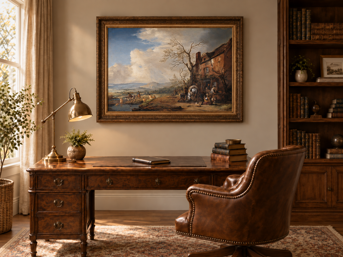 Landscape Oil Painting - Riverside Inn with Horses and Figures
