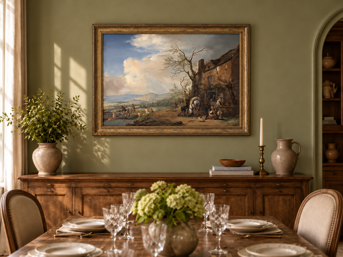 Landscape Oil Painting - Riverside Inn with Horses and Figures