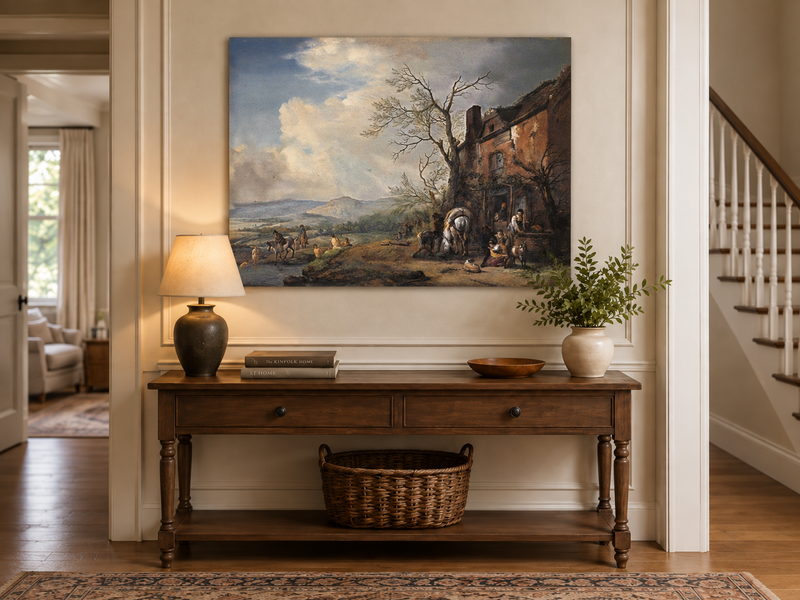 Landscape Oil Painting - Riverside Inn with Horses and Figures