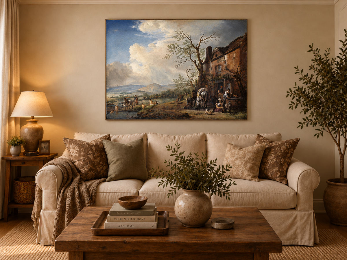 Landscape Oil Painting - Riverside Inn with Horses and Figures