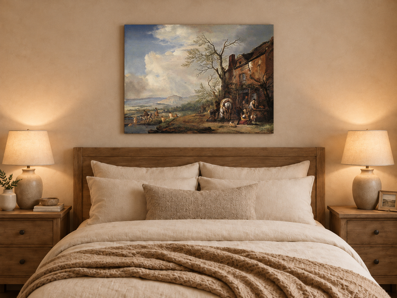 Landscape Oil Painting - Riverside Inn with Horses and Figures
